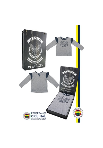 Fenerium Fenerbahçe Lisanslı Uzun Kol Lacivert Bebek Sweat Kişiye Özel Hediyelik Ahşap Kutulu Gri