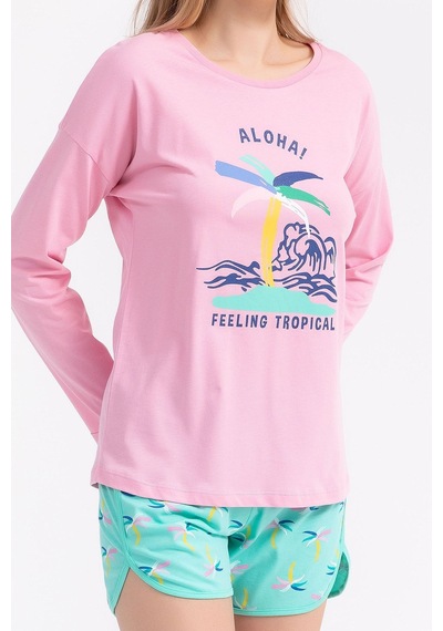 Rolypoly Feeling Tropical Pembe Kadın Uzun Kol Şort Takım 5274-29454 Pembe