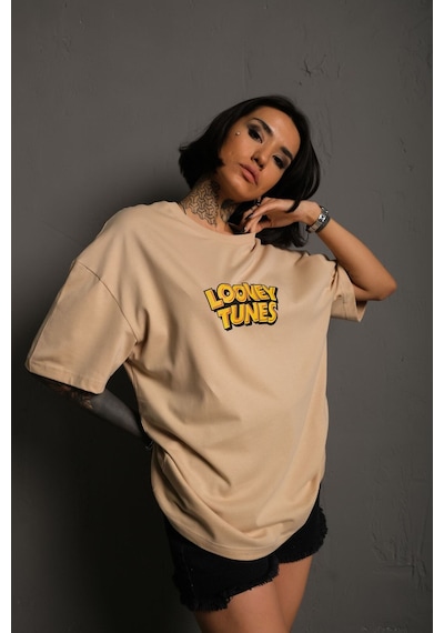 Noıssey Kod:ızeı - Unisex Oversize Looney Tunes Baskılı Pamuklu T-shirt P--1003 Bej