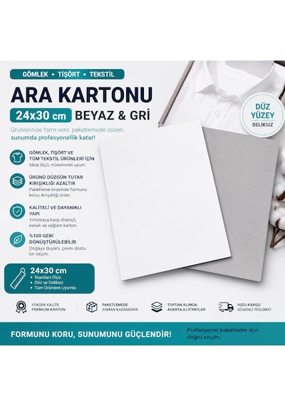 Premium Beyaz Gri Gömlek Ara Kartonu 24x30 Cm 1000'li Kazak, Tişört Ve Tekstil Ürünleri İçin