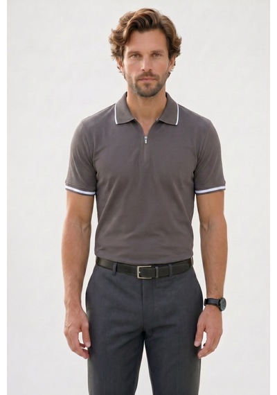Tudors Erkek Slim Fit Dar Kesim %100 Pamuk Jakarlı Düz Yaka Ve Kol Detaylı Gri Polo Yaka Tişört-50216