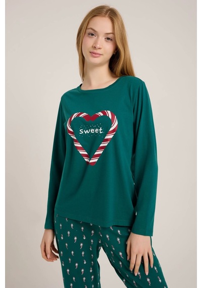Yeşil Kalp Baskılı Kadın Yeşil Pijama Takımı Yeşil