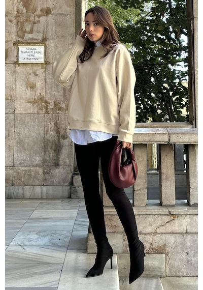 Bej Bisiklet Yaka Basic Sweatshirt Mg2185