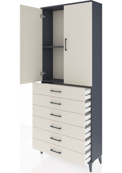 Arges Dolap 2 Raflı 6 Çekmeceli 2 Kapaklı 88x30x221 Antrasit-aytaşı Antrasit