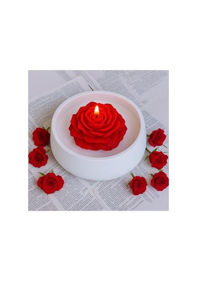 El Yapımı Kırmızı Gül Şekilli Mum Seramik Kaseli Romantik Dekoratif Mum Aymumi Home Beyaz