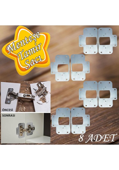 Dolap Kapak Taş Menteşe Tamir Sacı Pratik Onarım Kiti Krom Metal Yuva Tablası 6.5 X 9 Cm 8 Adet