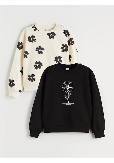 LC Waikiki Lcw Kids Ekru Bisiklet Yaka Çiçekli Kız Çocuk Sweatshirt 2'li Ecru Prınted
