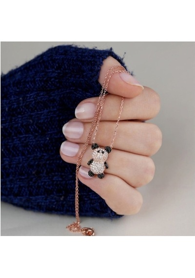 925 Ayar Rose Siyah Beyaz Taşlı Panda Gümüş Kolye