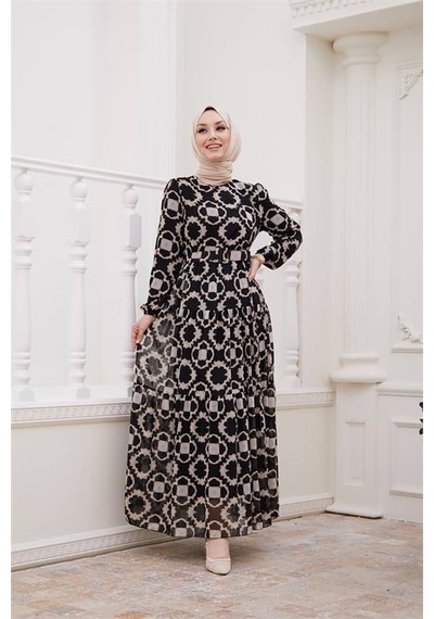Neşeli Butik Kadın Kemerli Yeni Sezon Tesettür Elbise Sms016 Siyah