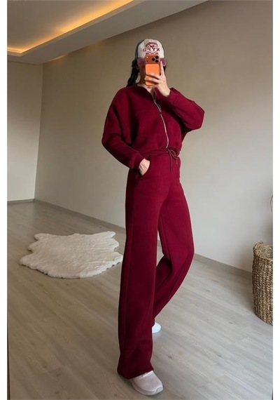 Neşeli Butik Kadın Oversize 3 İplik Cepli Eşofman Takımı Nm029 Bordo