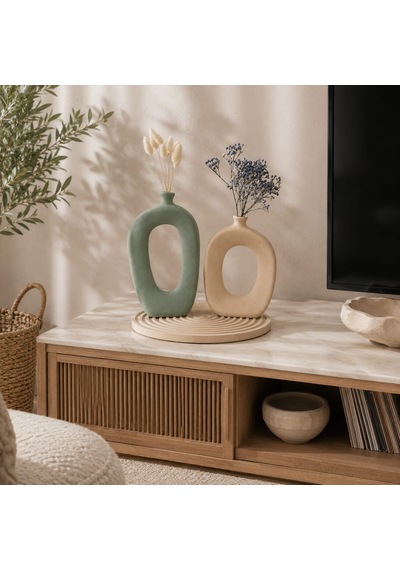 Momiko El Yapımı Modern Bohem Beton Vazo Seti Dekoratif Kemerli İkili Vazo & Yuvarlak Altlık Premium Seri -