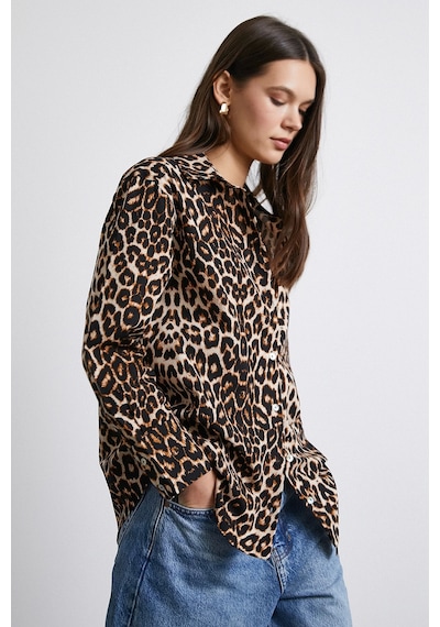 Never More Leopar Desenli Poplin Gömlek Bej Bej