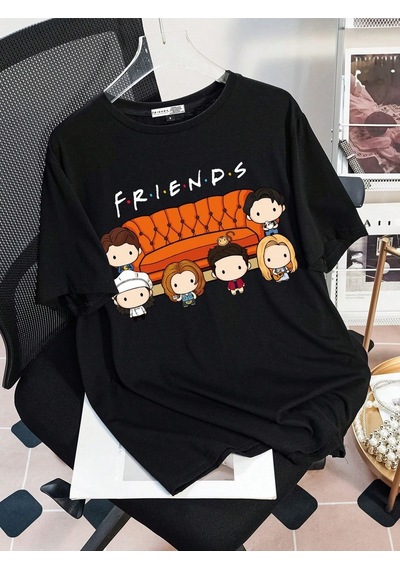 Flood Of Style Unisex Siyah Friends Baskılı Oversize