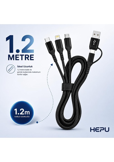 Hp-13 3in1 Çoklu Hızlı Şarj Kablosu Lightning Type-c & Micro Usb Çıkışlı Örgülü Kumaş Kablo Ev Araç Ve Ofis Uyumlu 1.2 Metre