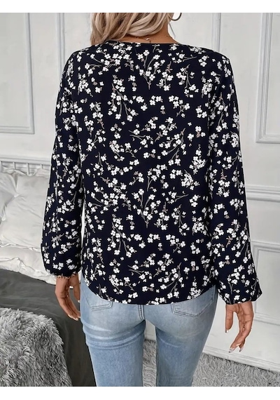 Moderie Butik Kadın Uzun Kollu V Yakalı Çiçek Desenli Modal Bluz Siyah