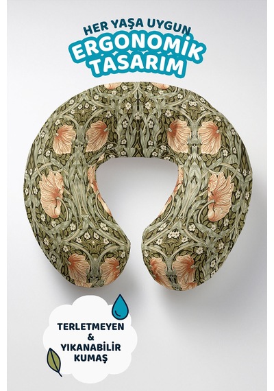 Retro Çiçekli Fermuarlı Boyun Yastığı - Vintage Yeşil Turuncu Yumuşak Seyahat Yastığı Metalik Sisli Vişne