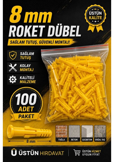 Üstün 8mm Roket Dubel 100adet