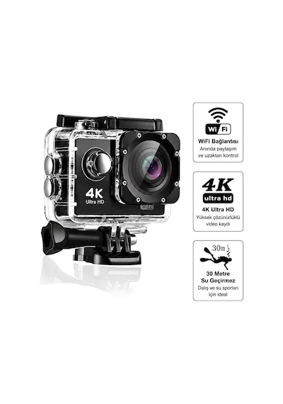 4k Wifi Aksiyon Kamerası 16 Mp 170 Geniş Açı 30m Su Geçirmez 18 Aparatlı Spor Kamera Siyah