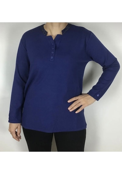 Yakası Taşlı Ve Düğmeli Spor Anne Bluz Saks