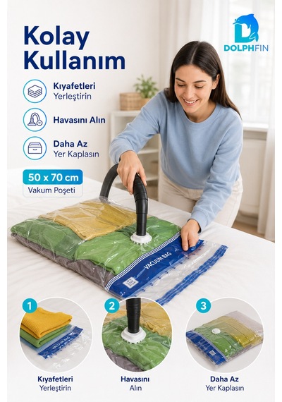 Vakumlu Poşet 50x70 Cm L Boy Yorgan Battaniye Hurç Giysi Saklama Torbası 1 Adet Şeffaf