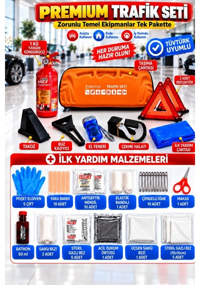 Araç Muayene Uyumlu 22 Parça Acil Durum Ve Profesyonel Trafik Seti ''ab Onaylı Ve Ce Belgeli'' Turuncu