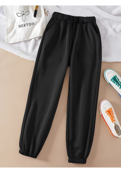 Baskısız Eşofman Altı Jogger - Lastik Paça Yüksek Bel Siyah