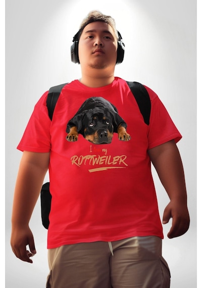 Angemiel Rottweiler Sevgisi Kırmızı Büyük Beden Erkek Kadın Unisex Basic Ön Baskılı Tişört Kırmızı