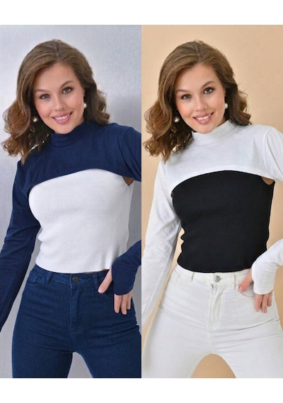 Aldaıyr Parmaklı Tesettür Boyunluk Yakalı Uzun Kollu Kolluklu Body Bluz Bolero Rahat Tasarım Standart Lacivert - Ekru