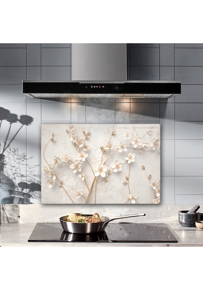 Decorita Cam Ocak Arkası Koruyucu| Beyaz Çiçek-Gold | 40cm x 60cm
