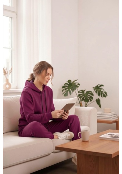 Moibody Kadın 3 İplik Şardonlu Eşofman Takımı Premium Kapüşonlu Sweatshirt Ve Jogger Alt Mürdüm Mürdüm