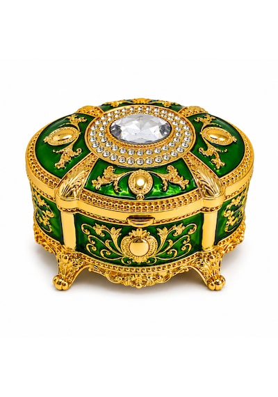 Kristal Taşlı Oval Mücevher Kutusu Kadife İç Kaplamalı Gold İşlemeli Takı Kutusu Dekoratif Saklama Kutusu Yeşil