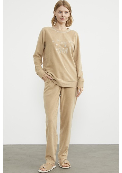 Sementa Nakış Detaylı Polar Pijama Takım - Kamel 001