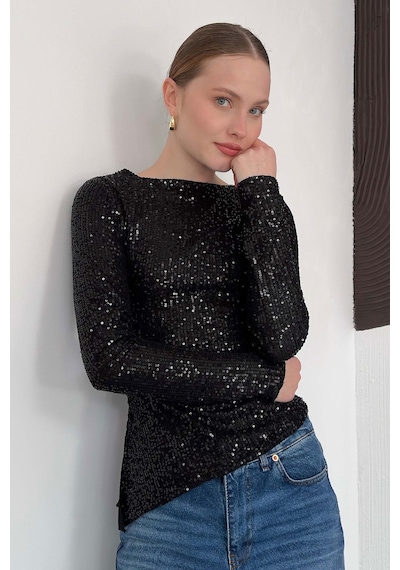 Verymoda Parlak Payetli Uzun Kollu Bluz - F2060 Siyah