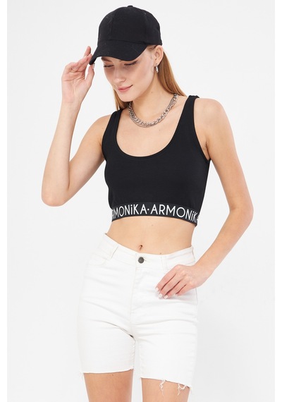 Armonika Kadın Siyah Beli Lastik Detaylı Crop Bluz Arm-24y001104