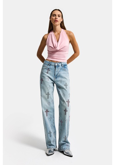 Itsbasic Kadın Kot Rengi T-4s6-32 Özel Parlak Taşlı Elastan Kumaş Tasarım Denim Jean Mavi