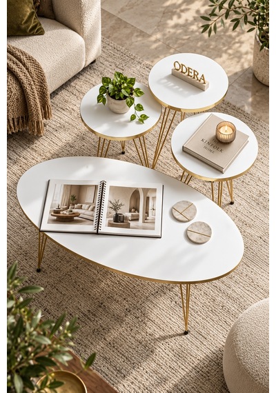Odera Beyaz Oval Orta Sehpa Ve Yuvarlak Zigon Sehpa 4'lü Set Metal Ayaklı Retro Modern Salon Sehpası Beyaz - Altın