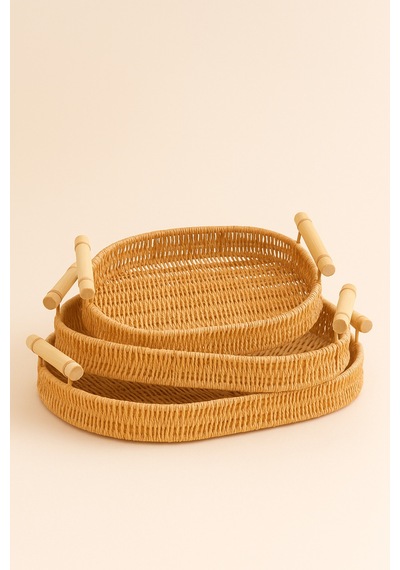 Natura - 3'lü Oval Rattan Hasır Servis Ve Sunum Tepsisi Seti Ahşap Saplı Dekoratif Tepsi Bej