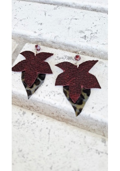 Bordo Ve Leopar El Yapımı Hakiki Deri Tasarım Küpe Leopar Desenli