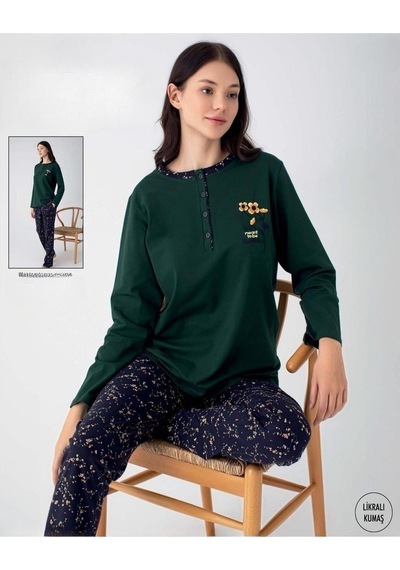 Senfoni Kadın Düğmeli Yaka Uzun Kol Pamuk Likralı Pijama Takımı 6055 -1 Adet 001