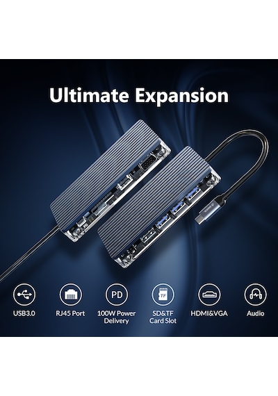 Orico WB-7P 7 Portlu USB 3.0 100 W HDMI TF/SD Kart Okuyucu Çoklayıcı HUB Gri