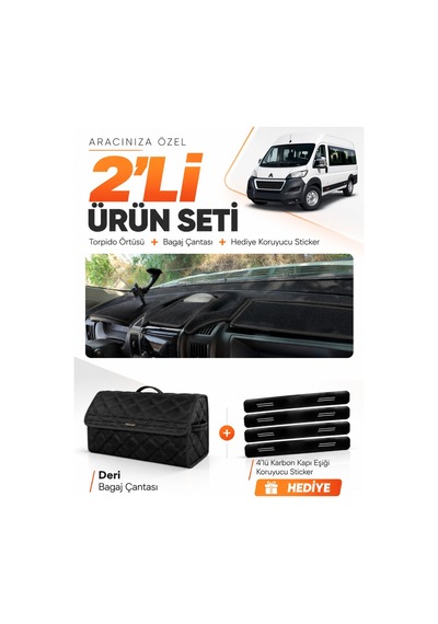 E-biz Peugeot Boxer 2017-2021 Uyumlu Torpido Örtüsü + Deri Bagaj Çantası Seti - Siyah - Pe026