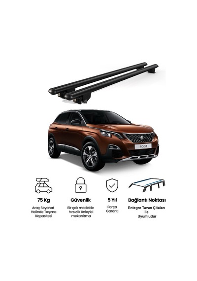 Kanca Peugeot 3008 2016 Ve Sonrası Uyumlu Siyah Kilitli Ara Atkı 130cm Port Bagaj Tavan Barı