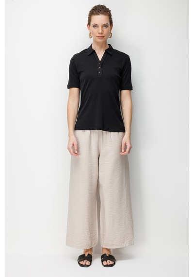 Desen Triko Kadın Polo Yaka İğne İşlemeli Pamuklu Penye T-shirt 26802 Siyah Siyah