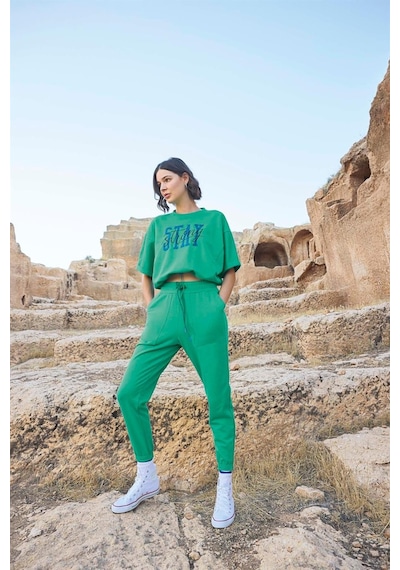 Monamise Kadın Kısa Kollu "stay Strong" Crop Eşofman Takımı 23086 Yeşil