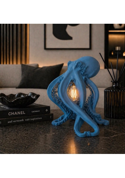 3dlab Luxury Ahtapot Masa Lambası Dekoratif Tasarım Abajur Rustik Ampullü Premium Ev Dekoru Mavi