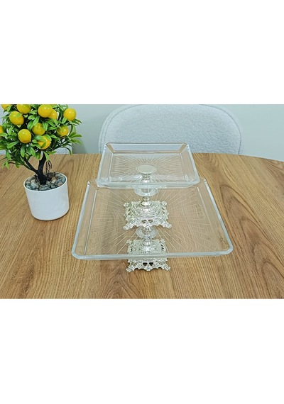 Elta Collection Paşabahçe Gümüş 2 Li Kare Döküm Ayaklı Pasta Sunumluk Kurabiyelik Gümüş