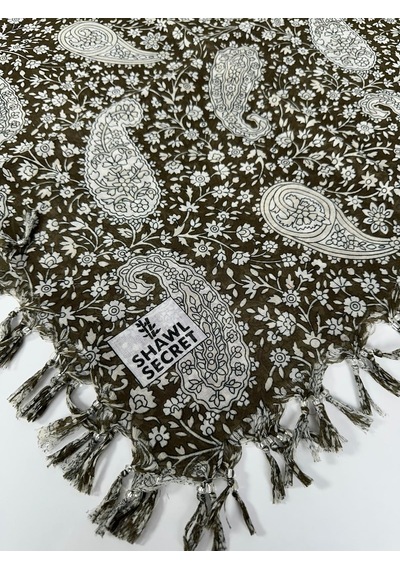 Shawl Secret Sökme Boncuklu Pamuk Yazma - 05868 Haki Yeşil