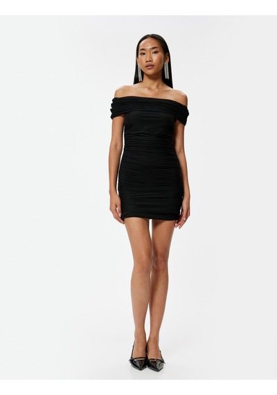 Koton Mini Abiye Elbise Drapeli Madonna Yaka Slim Fit Siyah 5wak80030fk Siyah