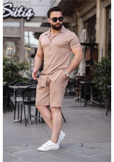 Mfz Giyim Bej Renk Ottoman Kumaş Slim Fit Erkek Şort - Gömlek Alt Üst Takım