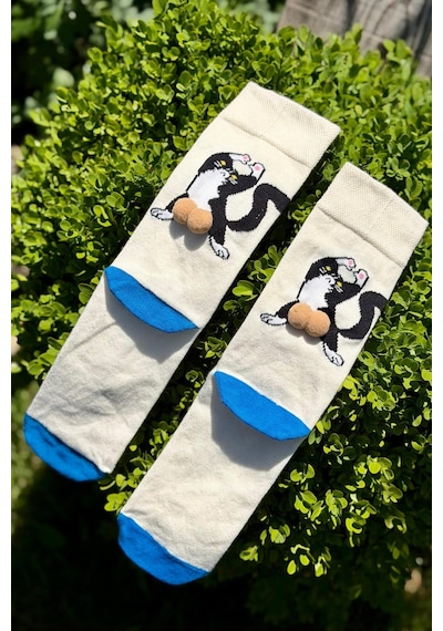 Lousocks Unisex Bej Sırtı Dönük Kedi Desenli Ponpon Soket Çorap